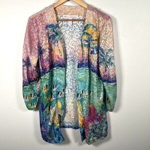 Leoma Lovegrove Womens Open Front Cardigan Sz L Tropical Resort Colorful Fish
